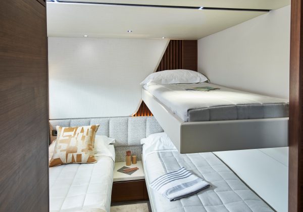Princess Y85 interior starboard guest cabin with pullman bunk walnut satin